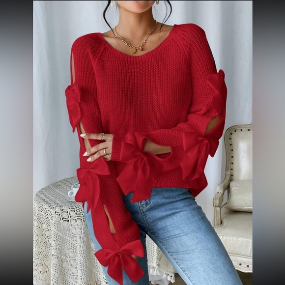 Classic Bow Cut Out Long Sleeve Sweater Top Holiday Christmas  Black - Picture 5 of 16